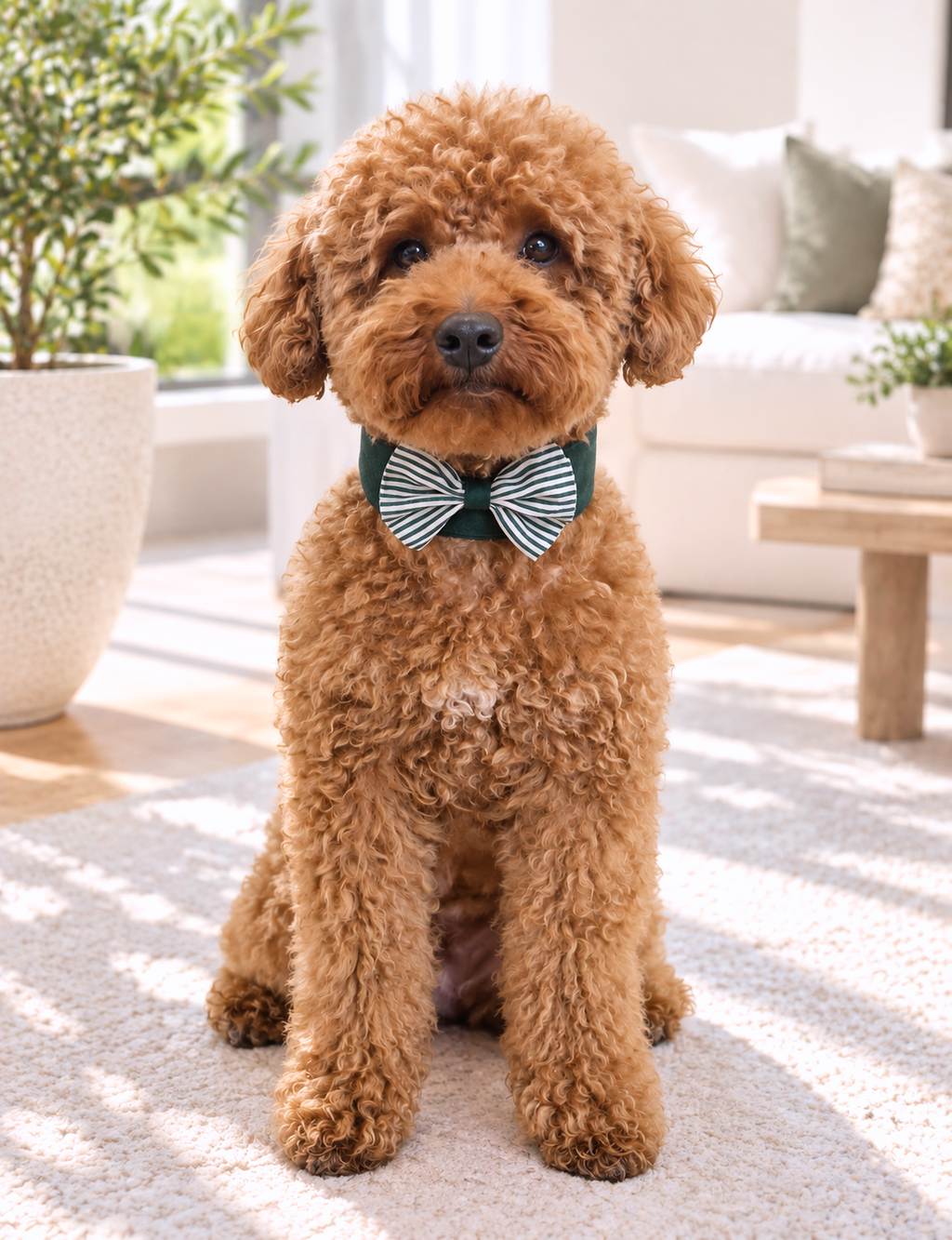 Side view of a dog wearing the Majd Bow Collar