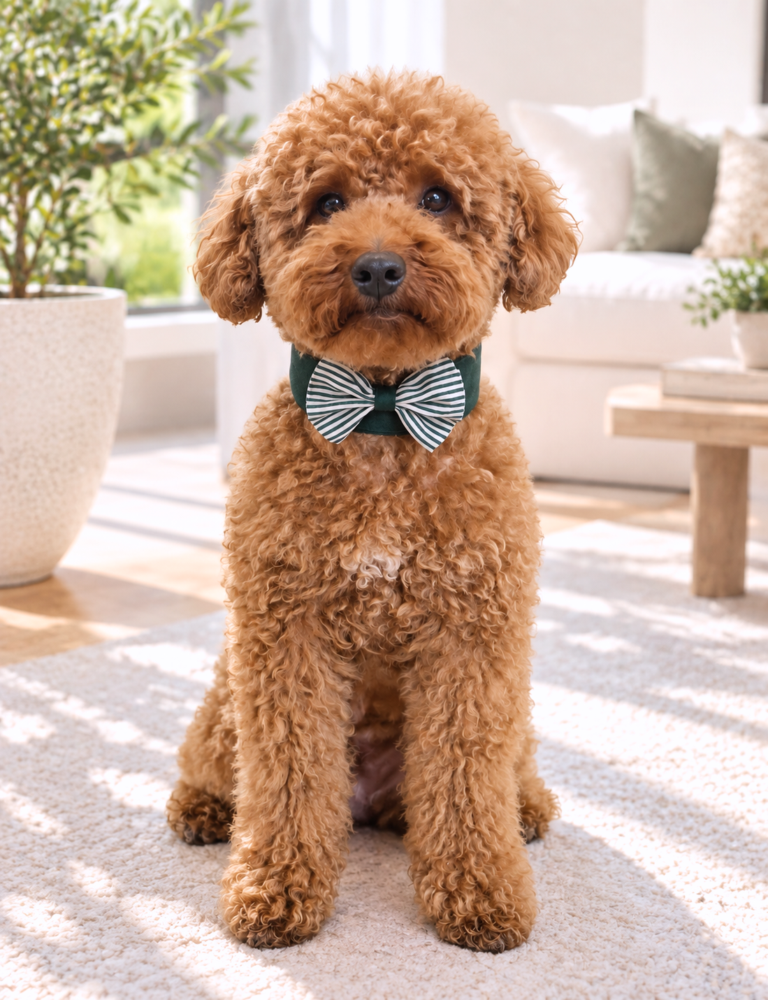 Side view of a dog wearing the Majd Bow Collar