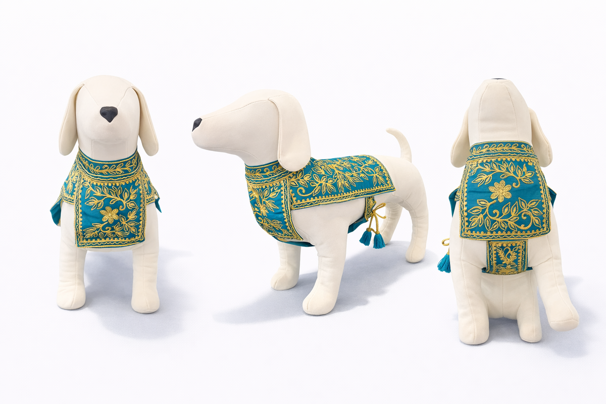 Alwaan teal oriental dress on dog mannequin - three angles