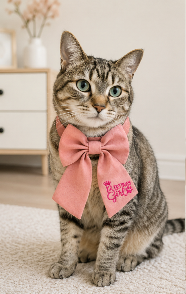 Birthday Girl pink bow collar on white background with gold confetti