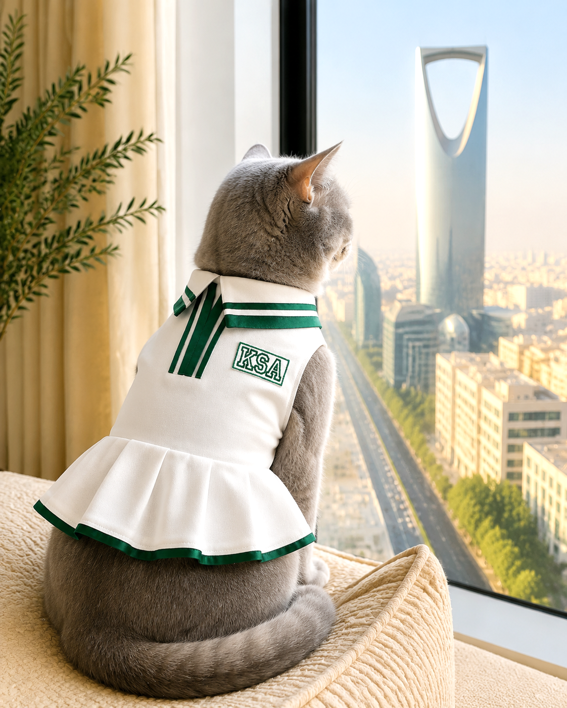 KSA Cheer Dress — white and green cheerleader cat dress for Saudi National Day