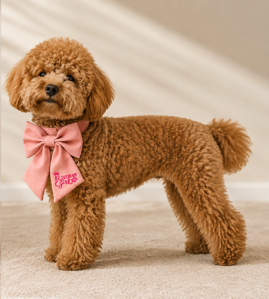 Dog wearing Birthday Girl pink bow collar