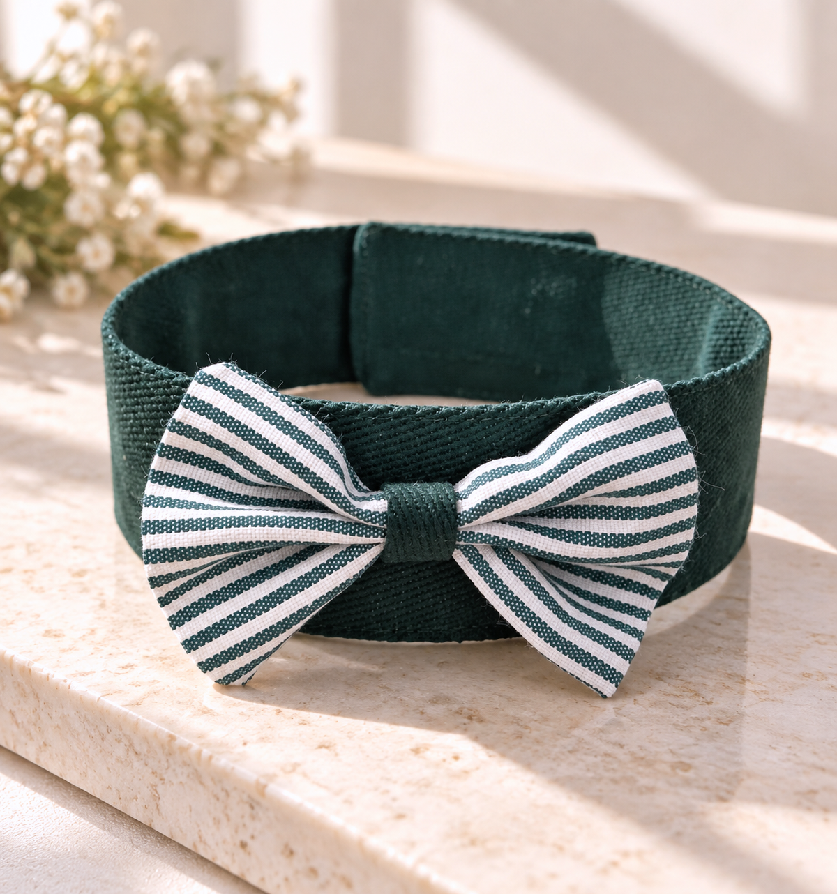 Close-up of the green and white striped Majd Bow Collar