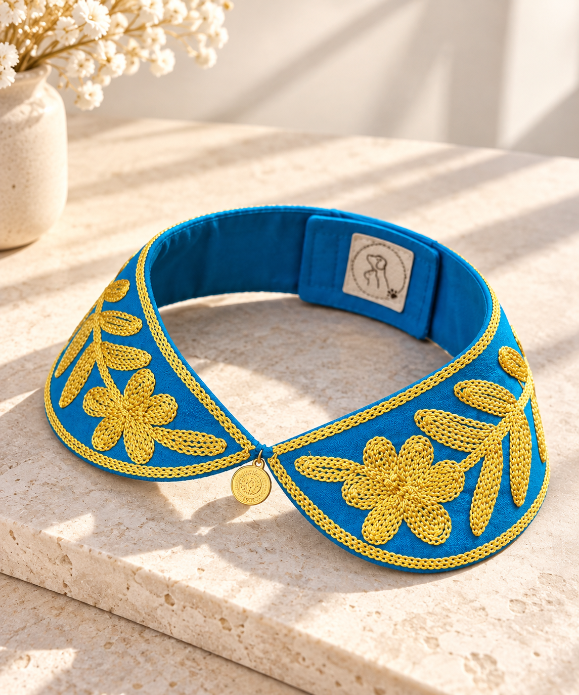 Arabesque Zari Collar in cobalt blue raw silk with gold zari embroidery