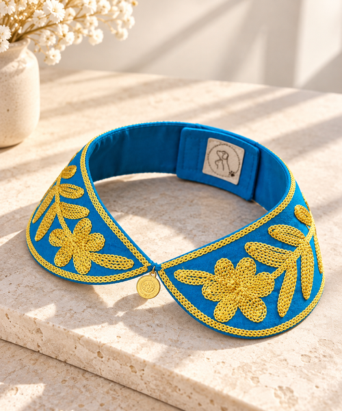 Arabesque Zari Collar in cobalt blue raw silk with gold zari embroidery