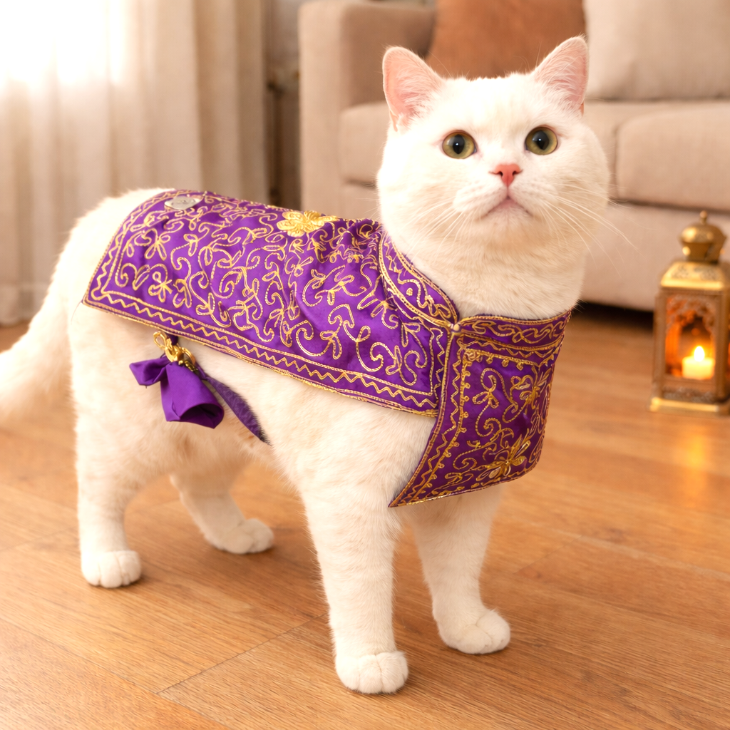 Alwaan royal purple oriental dress on white cat