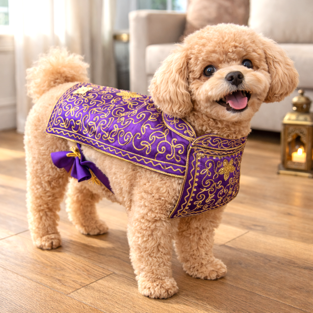 Alwaan royal purple oriental dress on toy poodle dog