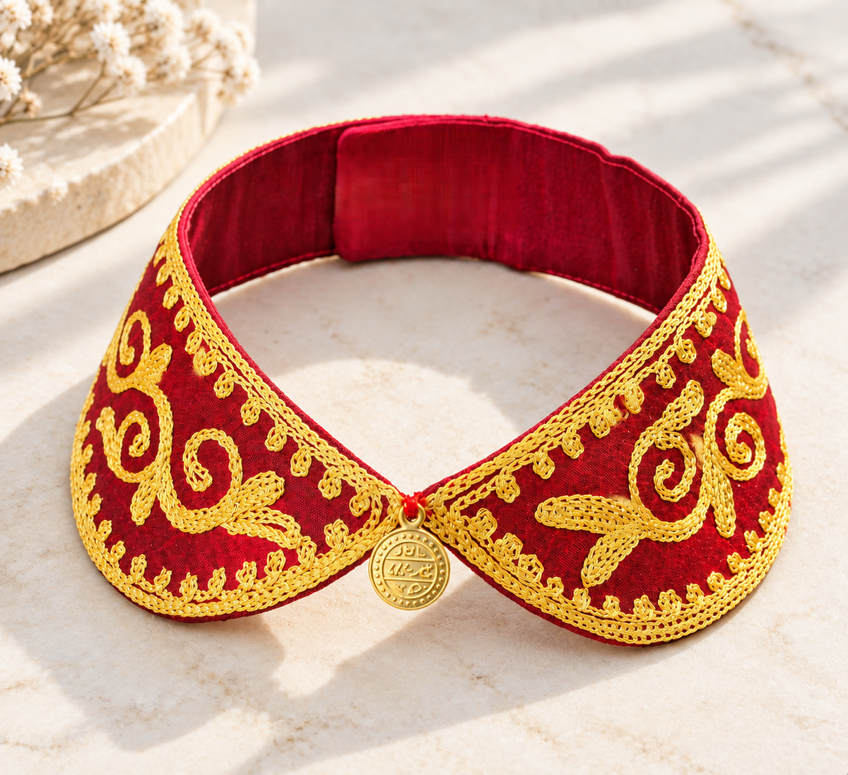 Arabesque Zari Collar in red raw silk with gold zari embroidery