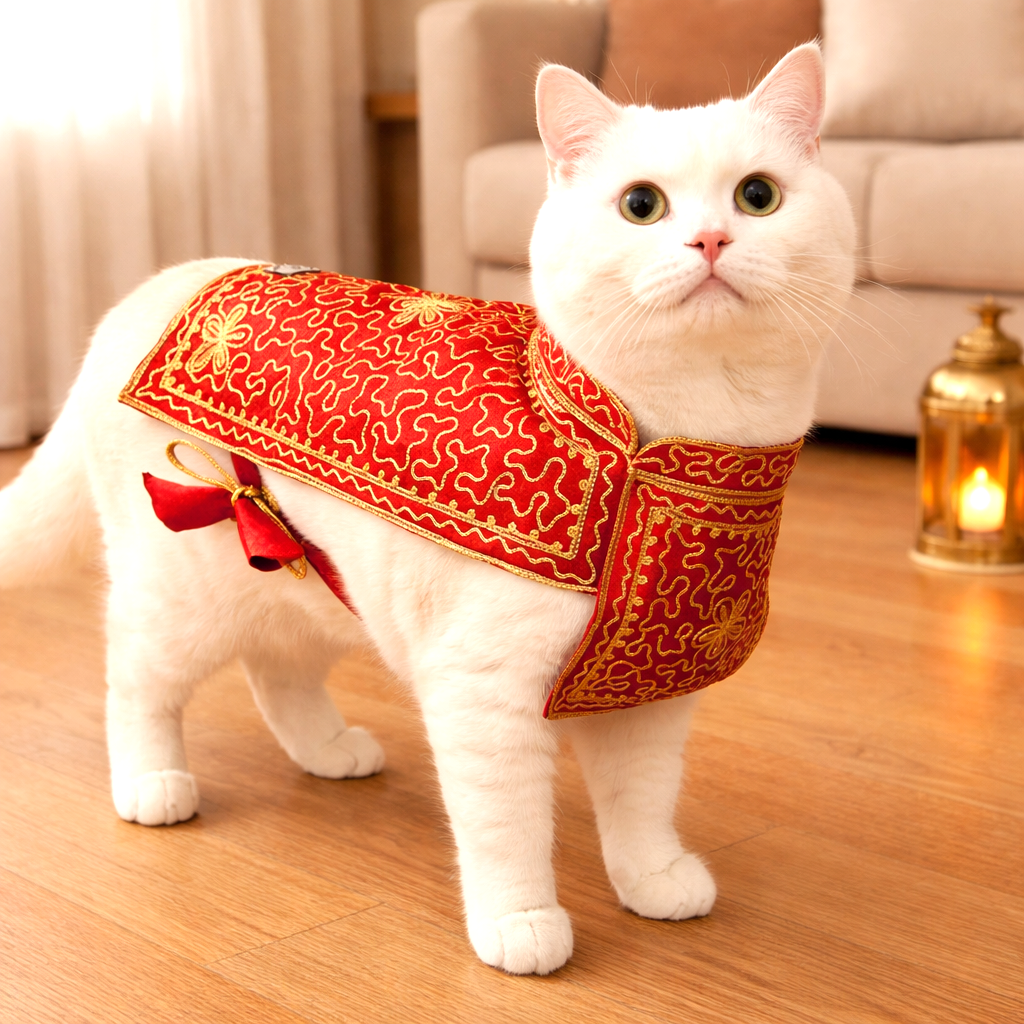 Alwaan deep red oriental dress on white cat