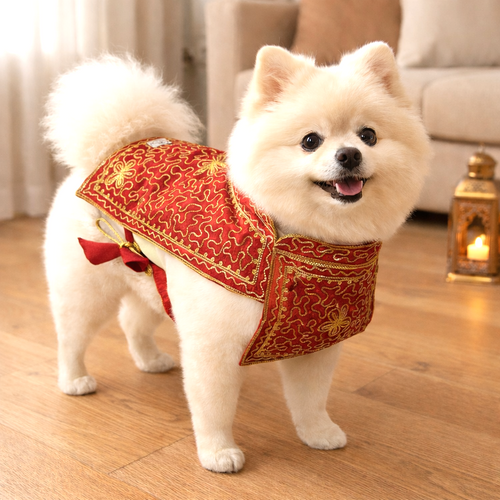 Alwaan deep red oriental dress on Pomeranian dog