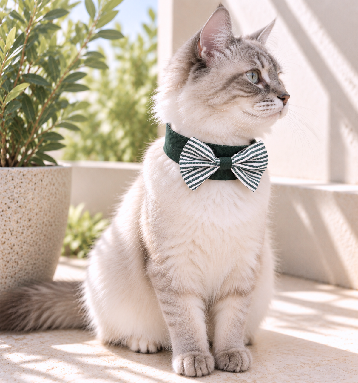Cat wearing the green and white Majd Bow Collar
