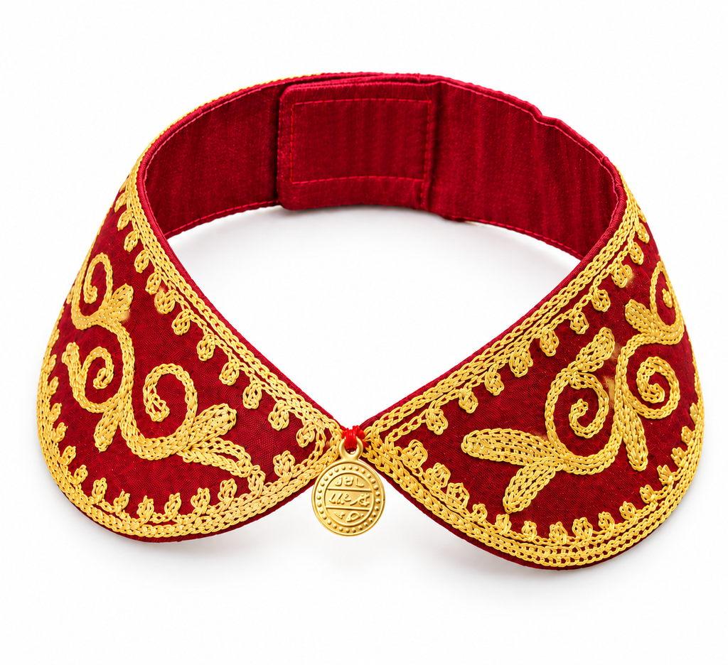 Oriental Zari Embroidery Collar in crimson red velvet with gold zari thread arabesque embroidery and gold coin charm
