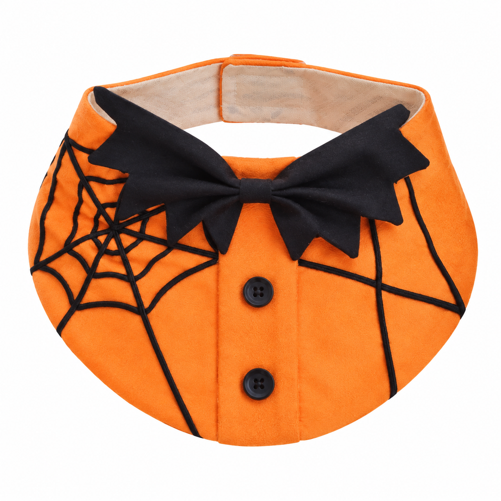 Orange pet collar with hand-laid black spiderweb design, bat-inspired black bow and two black buttons
